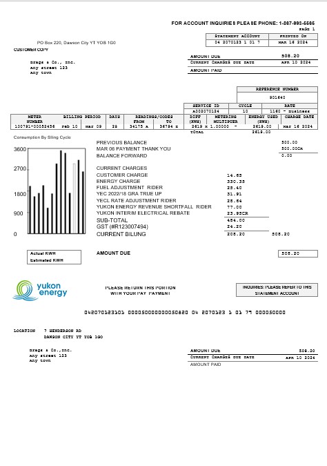 Canada Yukon Energy business utility bill template in Word and PDF formats